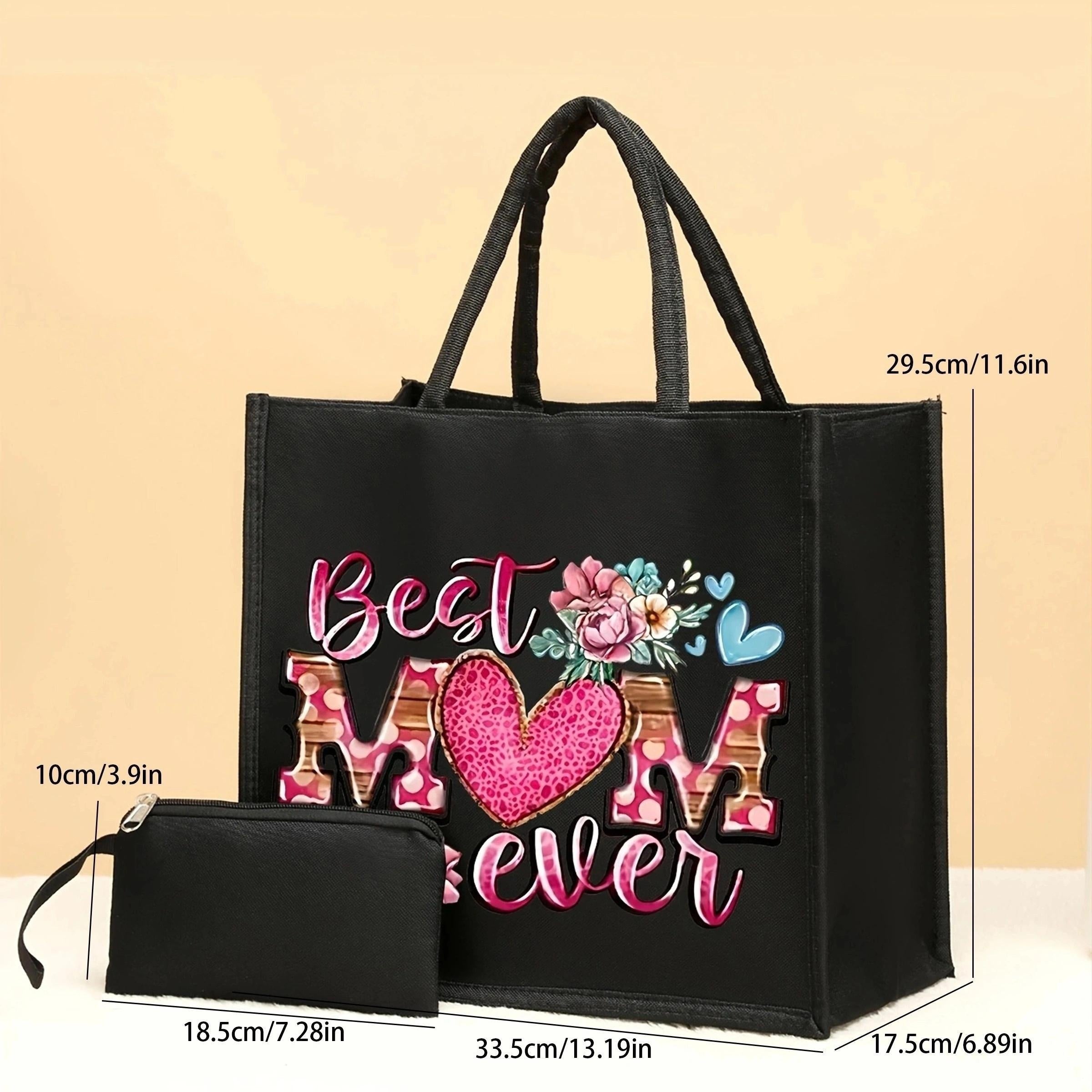 2pcs Elegant Polyester Tote Bags And Purse, "Best Mom Ever" Print Bag - Large Capacity, Fashionable Design - For Women - Perfect for Travel, Shopping & Everyday Use - Ideal Gift for Mother's Day